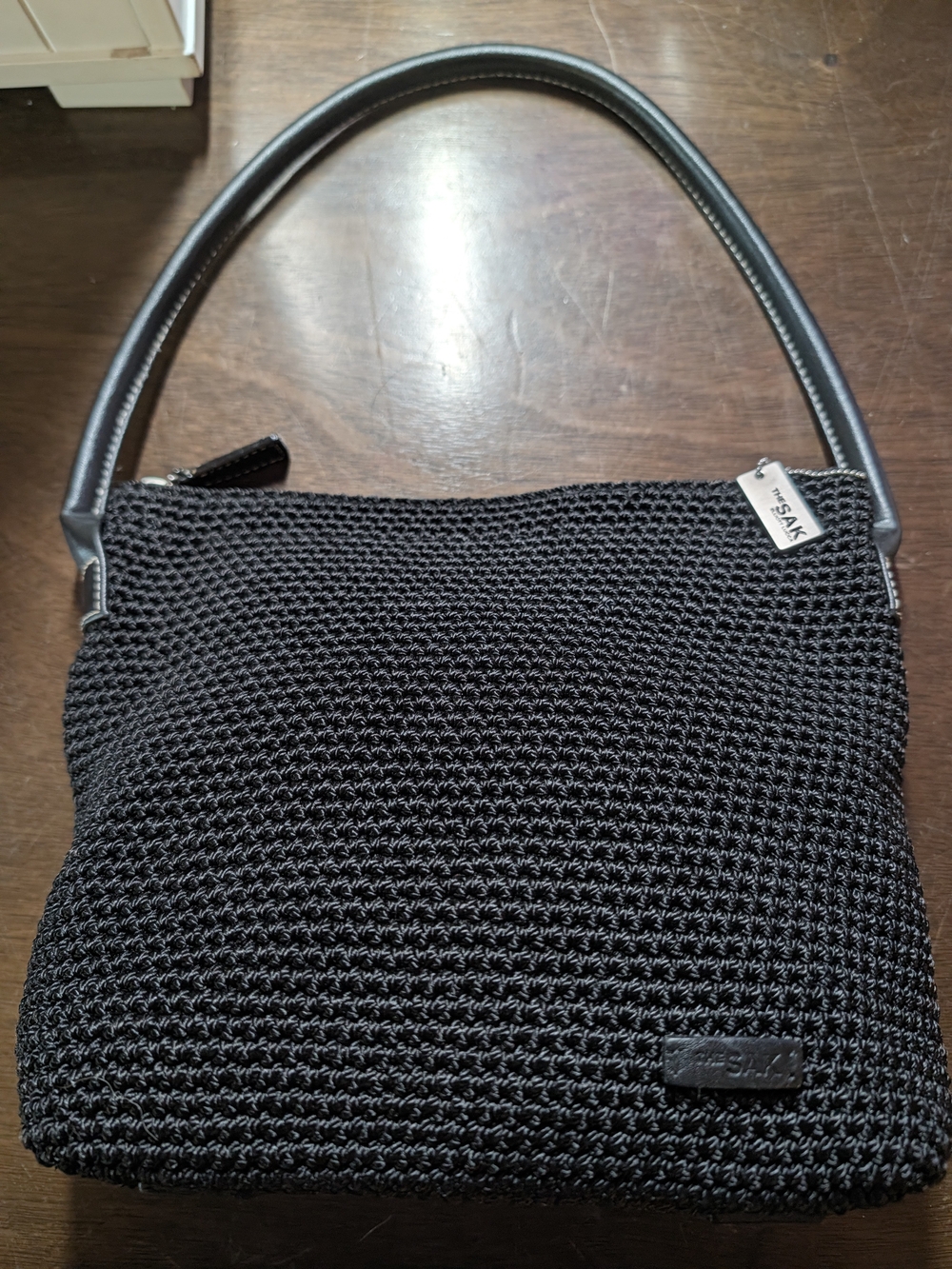 Vintage The Sak Original Black Hand Crochet Shoulder Bag Leather Base 9627-BLK